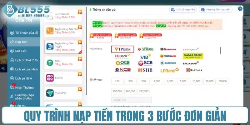 Quy trình nạp tiền trong 3 bước đơn giản